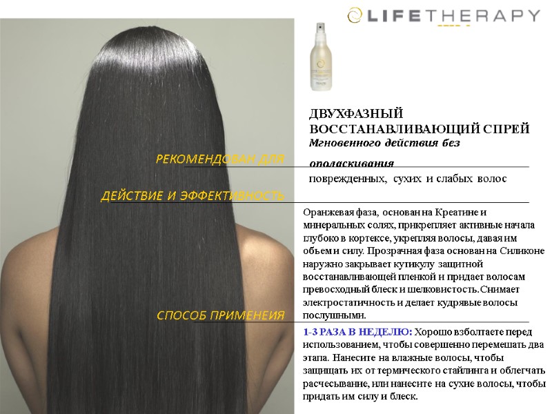 ДВУХФАЗНЫЙ ВОССТАНАВЛИВАЮЩИЙ СПРЕЙ Мгновенного действия без ополаскивания  Оранжевая фаза, основан на Креатине и